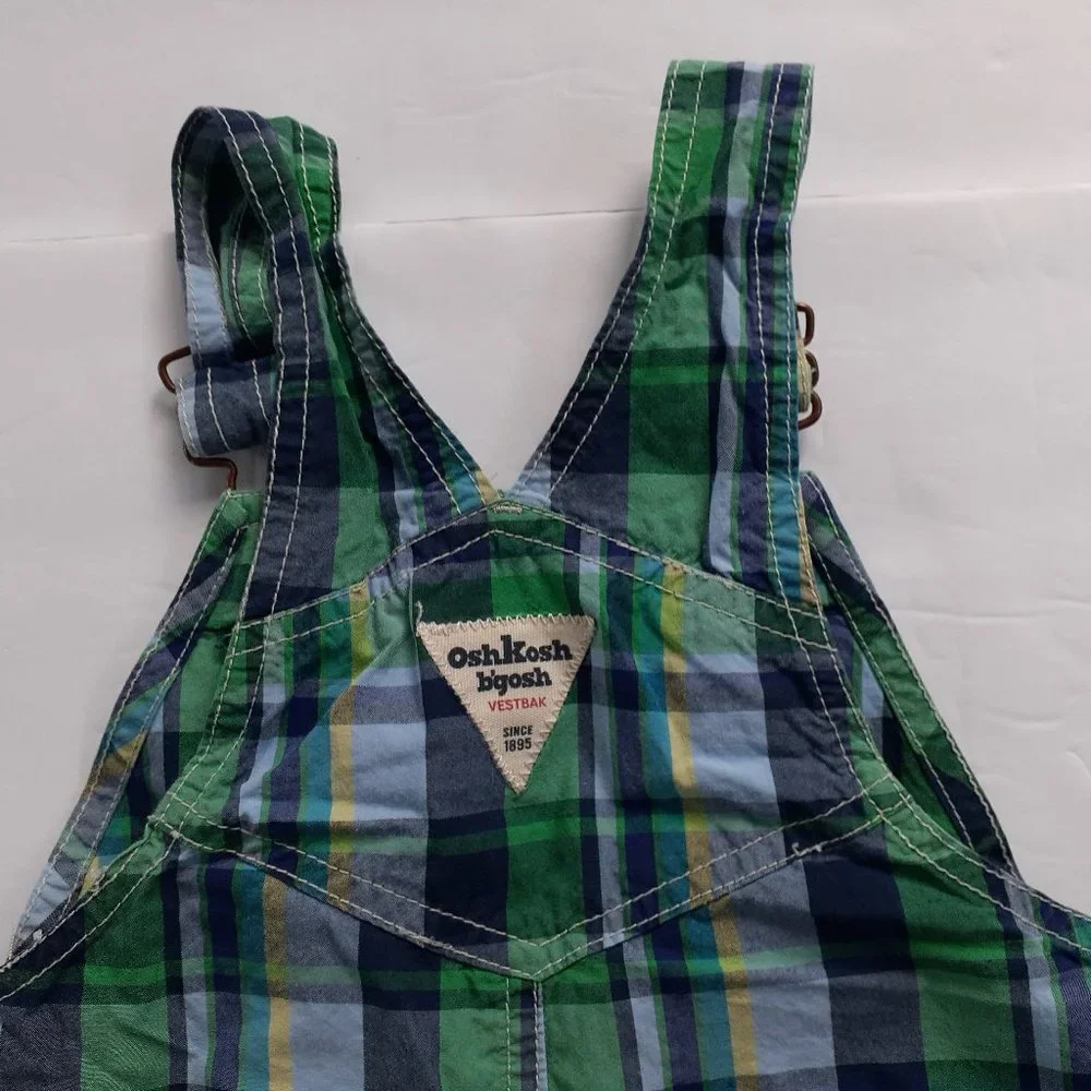 Oshkosh Boys Overall Shorts Green Plaid Shortalls 18 Months